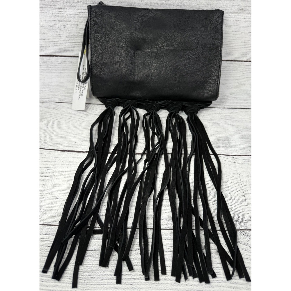 BCBGeneration Black Faux Leather Fringe Clutch Evening Bag - Picture 3 of 6